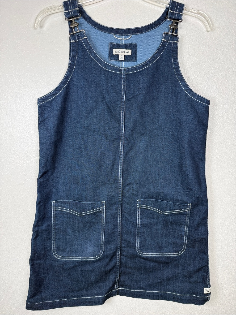 Toad&Co Cascadia Denim Jumper M Organic Cotton Stretch Overall Dress Pockets